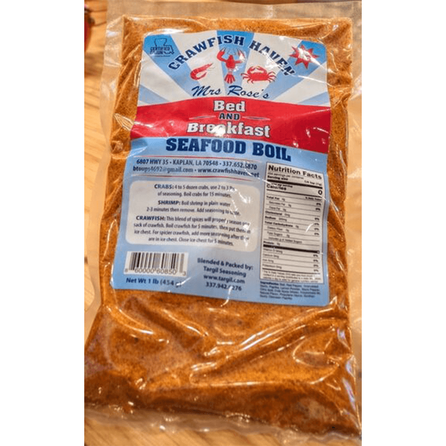A bag of Mrs. Rose's Bed and Breakfast Seafood Boil seasoning, featuring a vibrant blue and red label with cooking instructions and nutritional information.