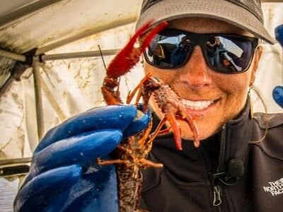 A person wearing sunglasses and blue gloves smiles while holding a live crayfish.