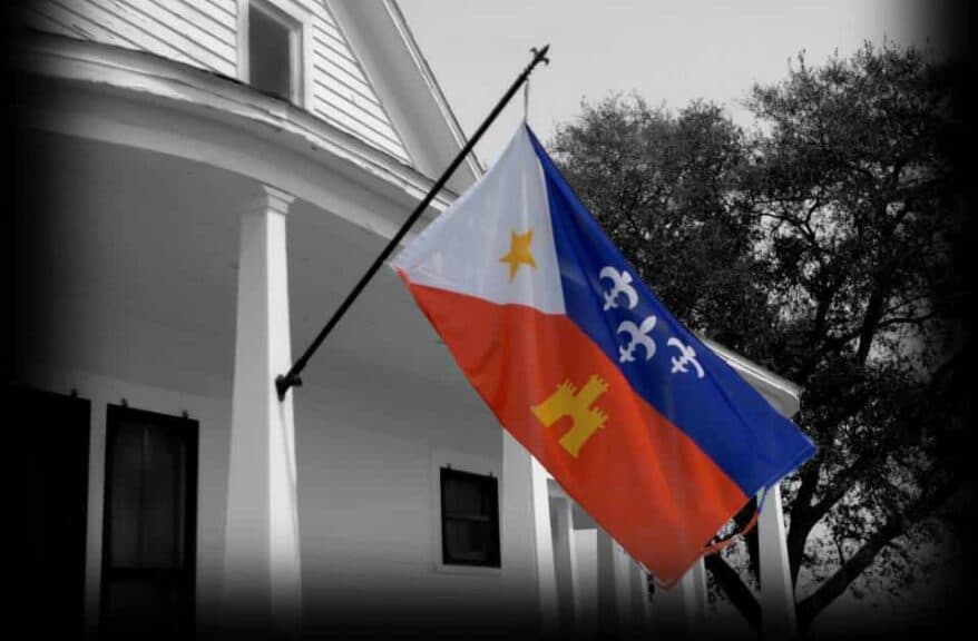 A colorful flag featuring red, blue, and white with a star and castle design, waving near a house.