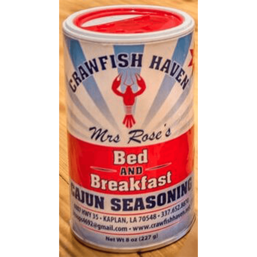A can of Cajun seasoning labeled "Mrs. Rose's Bed and Breakfast" from Crawfish Haven.