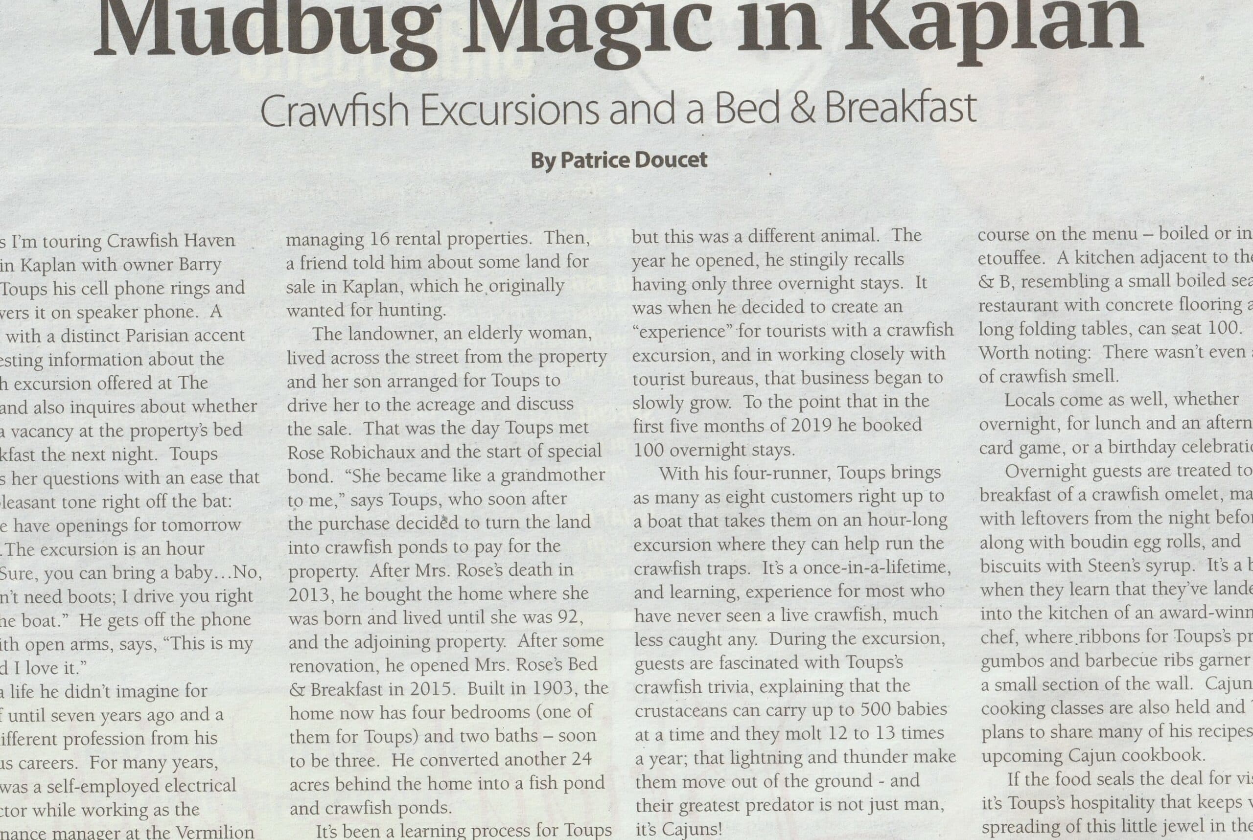 An article titled "Mudbug Magic in Kaplan" discusses crawfish excursions and a bed and breakfast managed by Barry Toups.